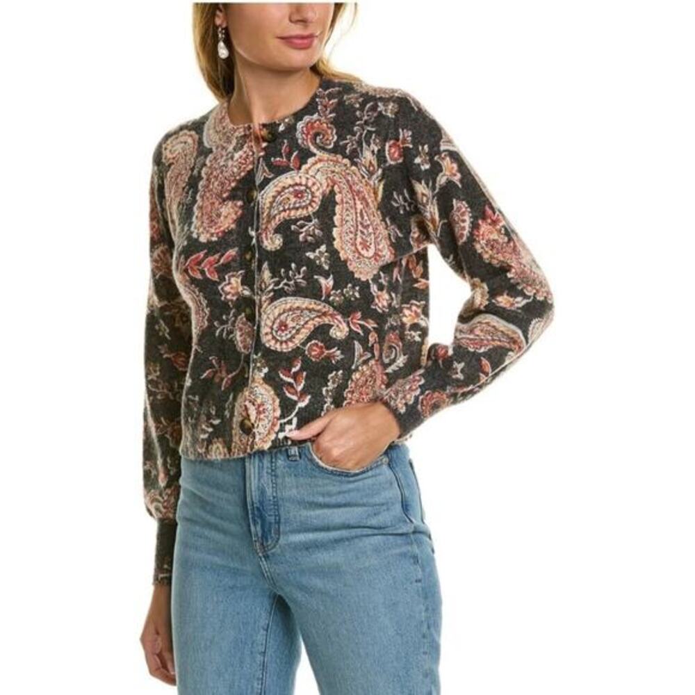 Boden Women's Wool and Alpaca Blend Fluffy Cardigan Brown Paisley Size 6